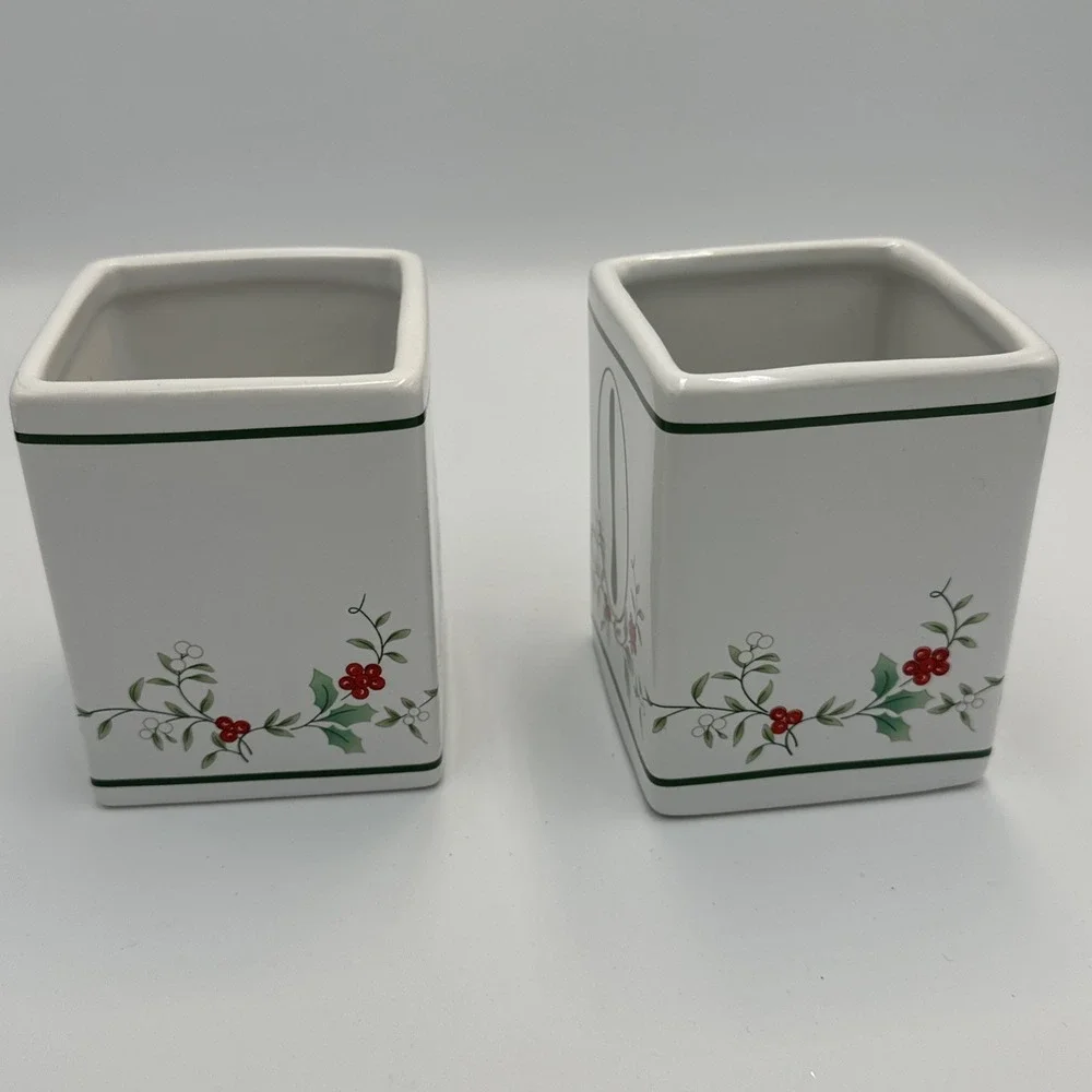 (2) Pfaltzgraff Winterberry Spoon Knife Holder Christmas Table Square‎ Stoneware